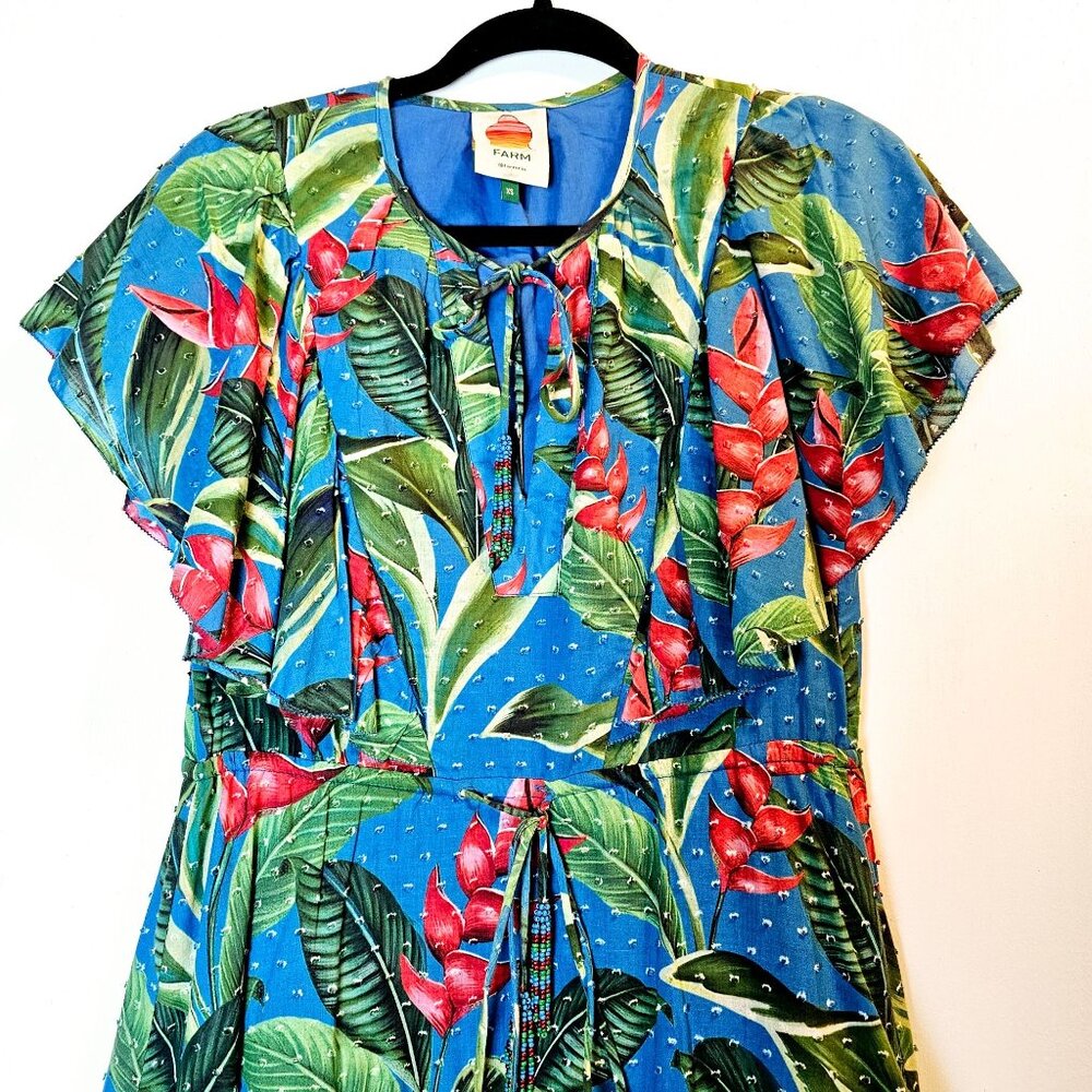 Farm Rio Dream Garden Floral Mini Lined Dress Swiss Dot Beaded Tassles, Sz XS - Picture 4 of 12